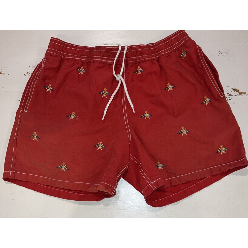 Polo Ralph Lauren Mens Swim Trunks L Mesh Lined Large  Red Embroidered Flags